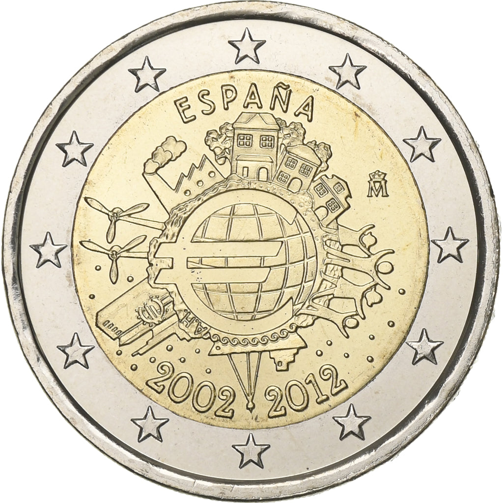 Španělsko, 
  
  2 eura, 
  
  10 let euro